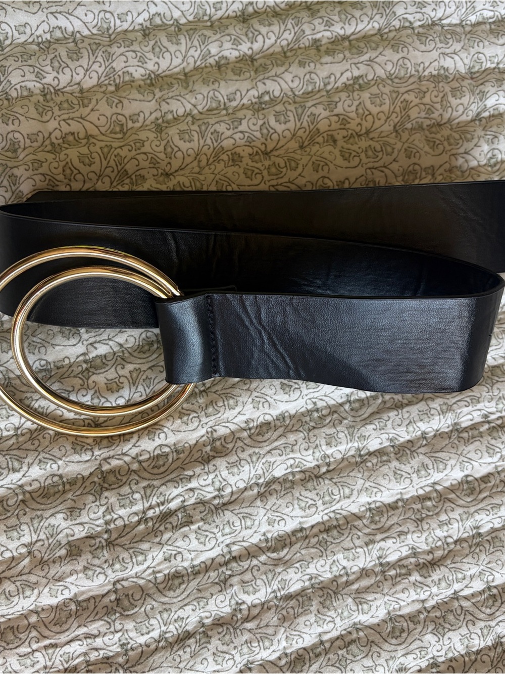 Wide Black Waist Belt with Double Gold Rings